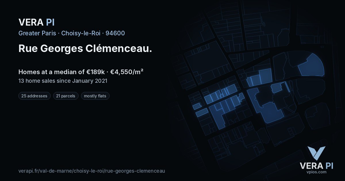 Rue Georges Clémenceau, Choisy-le-Roi at night – every parcel coloured by the prices around it, the street's own parcels lit