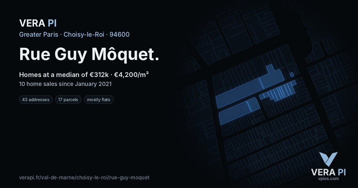 Rue Guy Môquet, Choisy-le-Roi at night – every parcel coloured by the prices around it, the street's own parcels lit