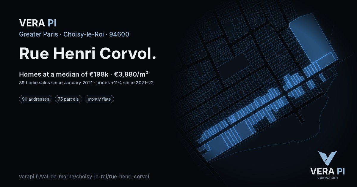 Rue Henri Corvol, Choisy-le-Roi at night – every parcel coloured by the prices around it, the street's own parcels lit