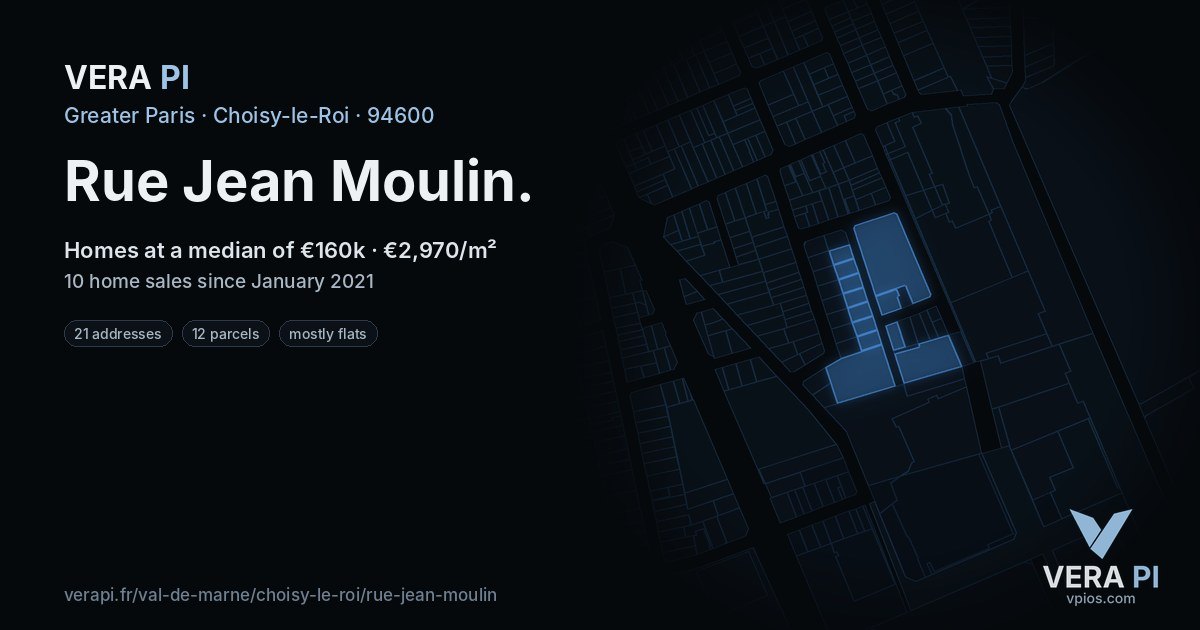 Rue Jean Moulin, Choisy-le-Roi at night – every parcel coloured by the prices around it, the street's own parcels lit