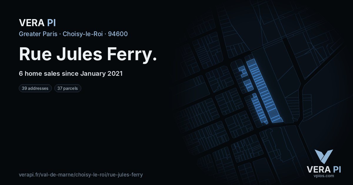 Rue Jules Ferry, Choisy-le-Roi at night – every parcel coloured by the prices around it, the street's own parcels lit