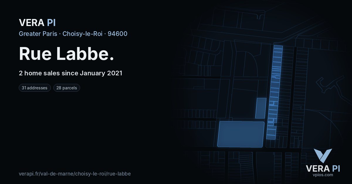 Rue Labbe, Choisy-le-Roi at night – every parcel coloured by the prices around it, the street's own parcels lit