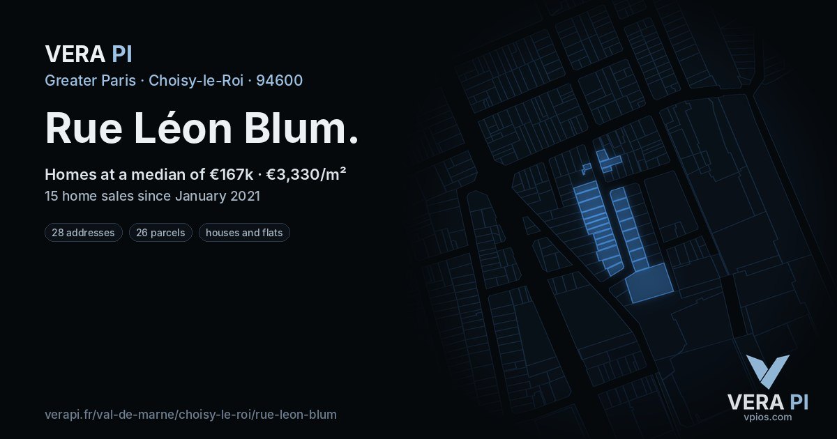 Rue Léon Blum, Choisy-le-Roi at night – every parcel coloured by the prices around it, the street's own parcels lit