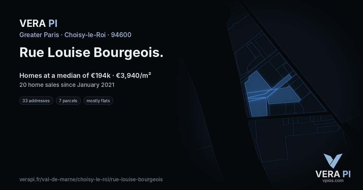 Rue Louise Bourgeois, Choisy-le-Roi at night – every parcel coloured by the prices around it, the street's own parcels lit