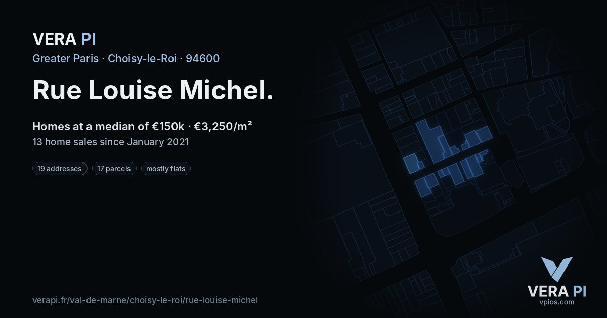 Rue Louise Michel, Choisy-le-Roi at night – every parcel coloured by the prices around it, the street's own parcels lit