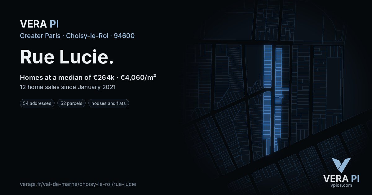 Rue Lucie, Choisy-le-Roi at night – every parcel coloured by the prices around it, the street's own parcels lit