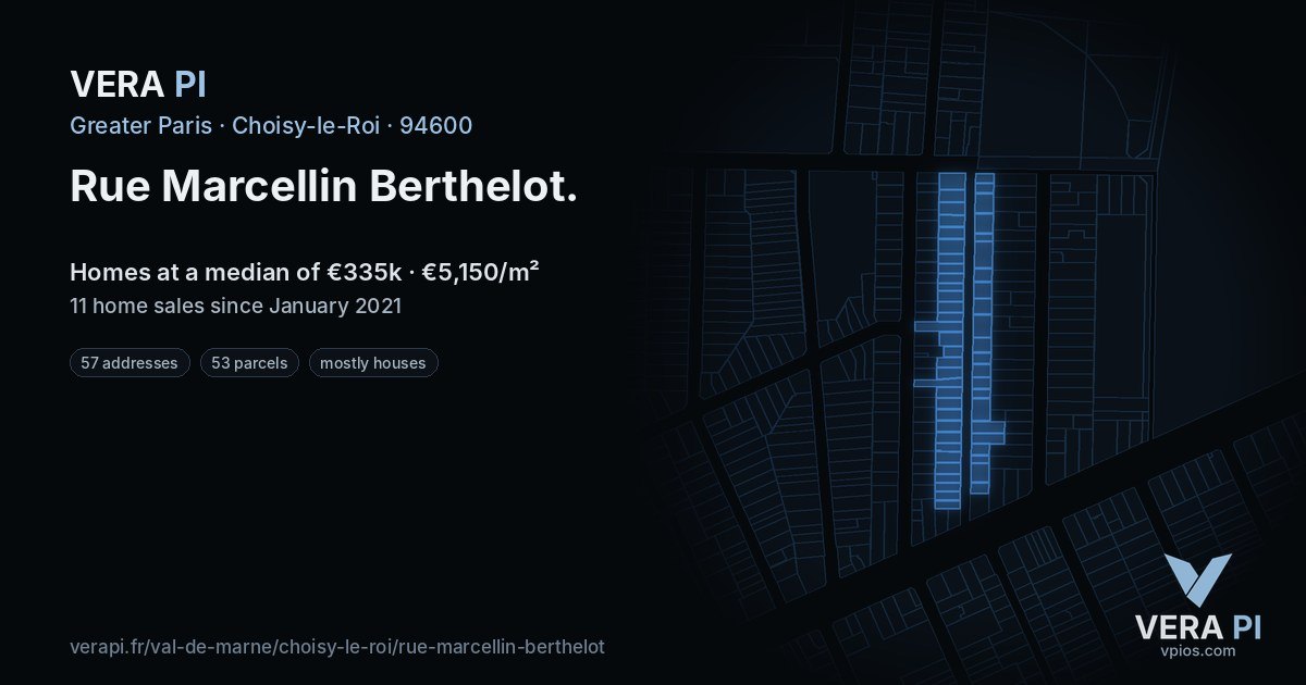 Rue Marcellin Berthelot, Choisy-le-Roi at night – every parcel coloured by the prices around it, the street's own parcels lit