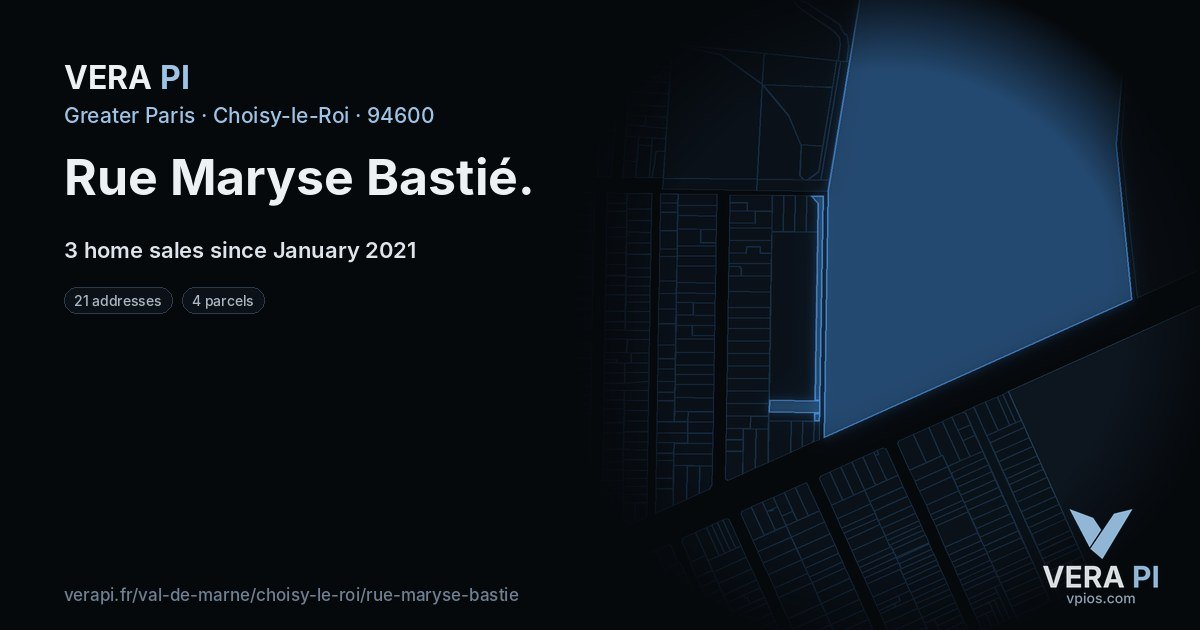 Rue Maryse Bastié, Choisy-le-Roi at night – every parcel coloured by the prices around it, the street's own parcels lit