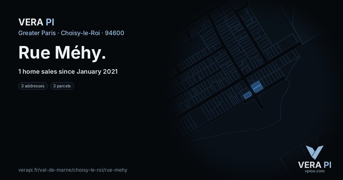 Rue Méhy, Choisy-le-Roi at night – every parcel coloured by the prices around it, the street's own parcels lit