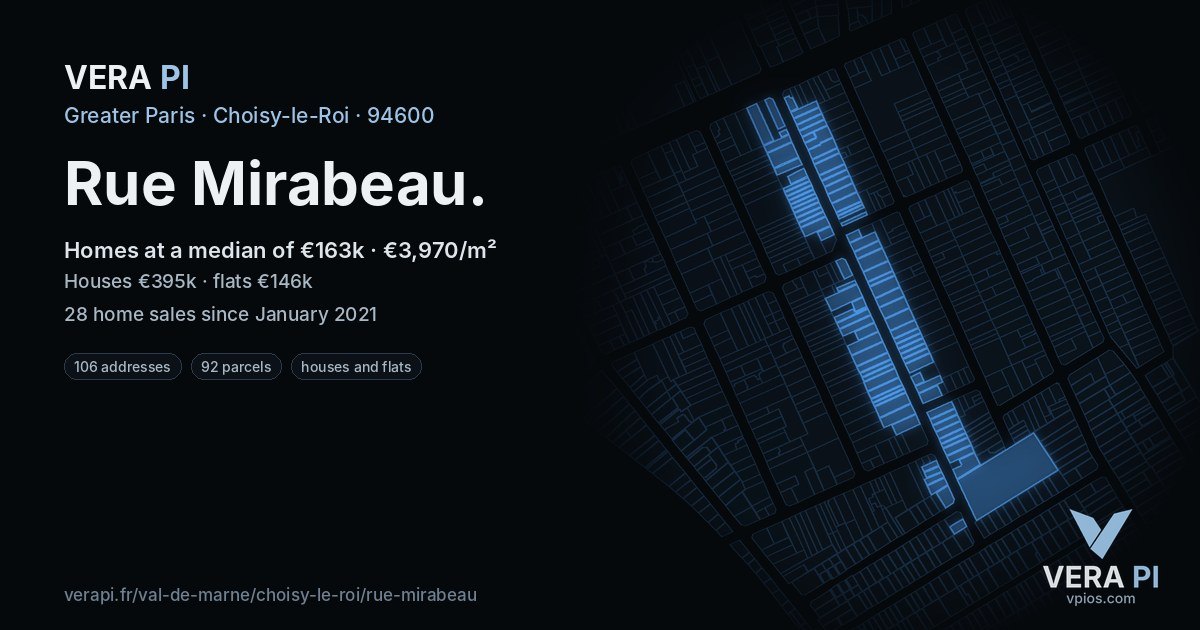 Rue Mirabeau, Choisy-le-Roi at night – every parcel coloured by the prices around it, the street's own parcels lit
