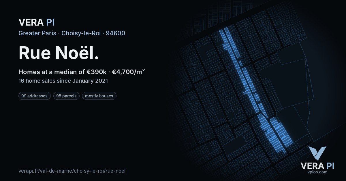 Rue Noël, Choisy-le-Roi at night – every parcel coloured by the prices around it, the street's own parcels lit