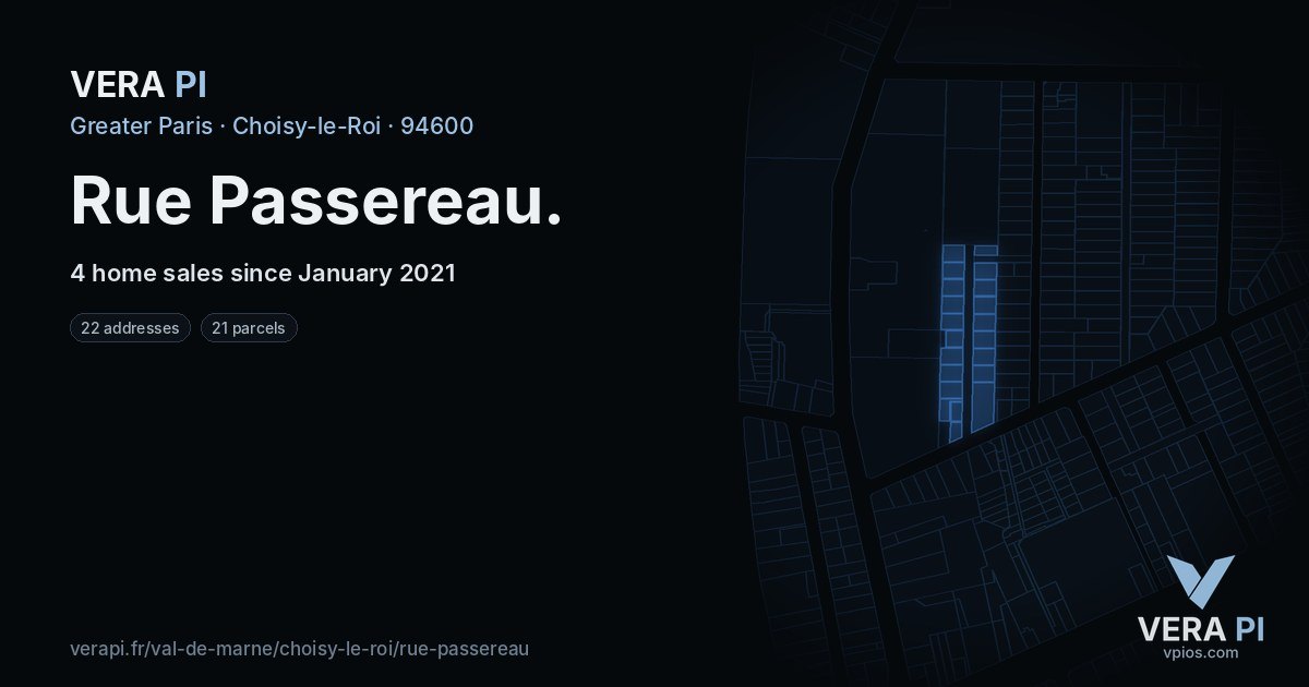 Rue Passereau, Choisy-le-Roi at night – every parcel coloured by the prices around it, the street's own parcels lit
