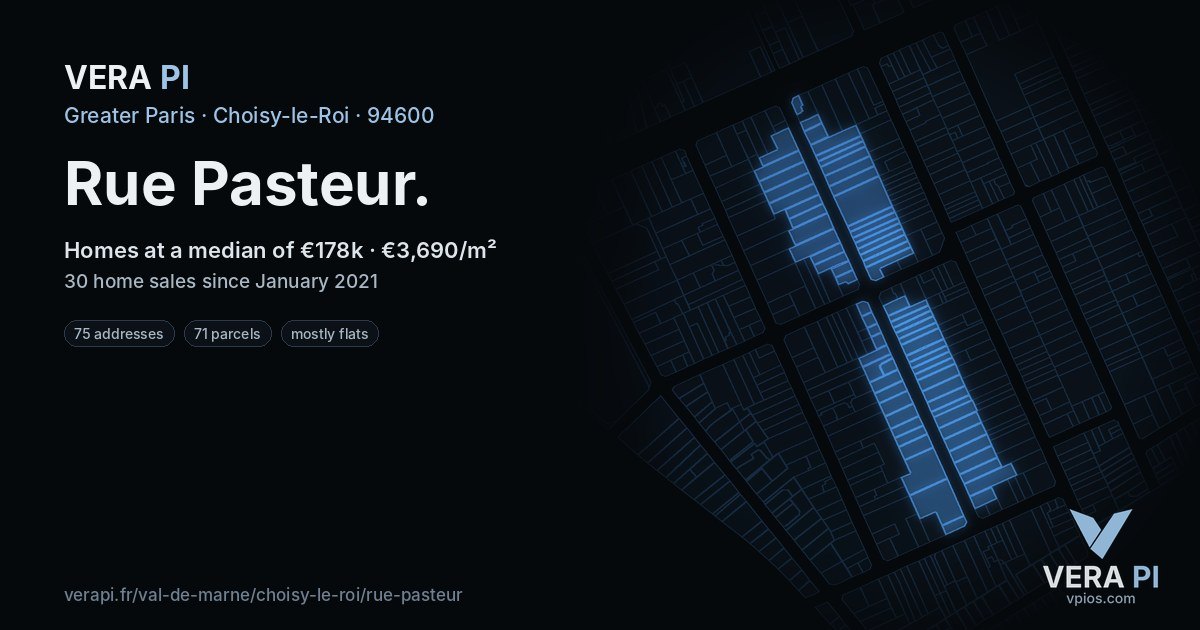 Rue Pasteur, Choisy-le-Roi at night – every parcel coloured by the prices around it, the street's own parcels lit