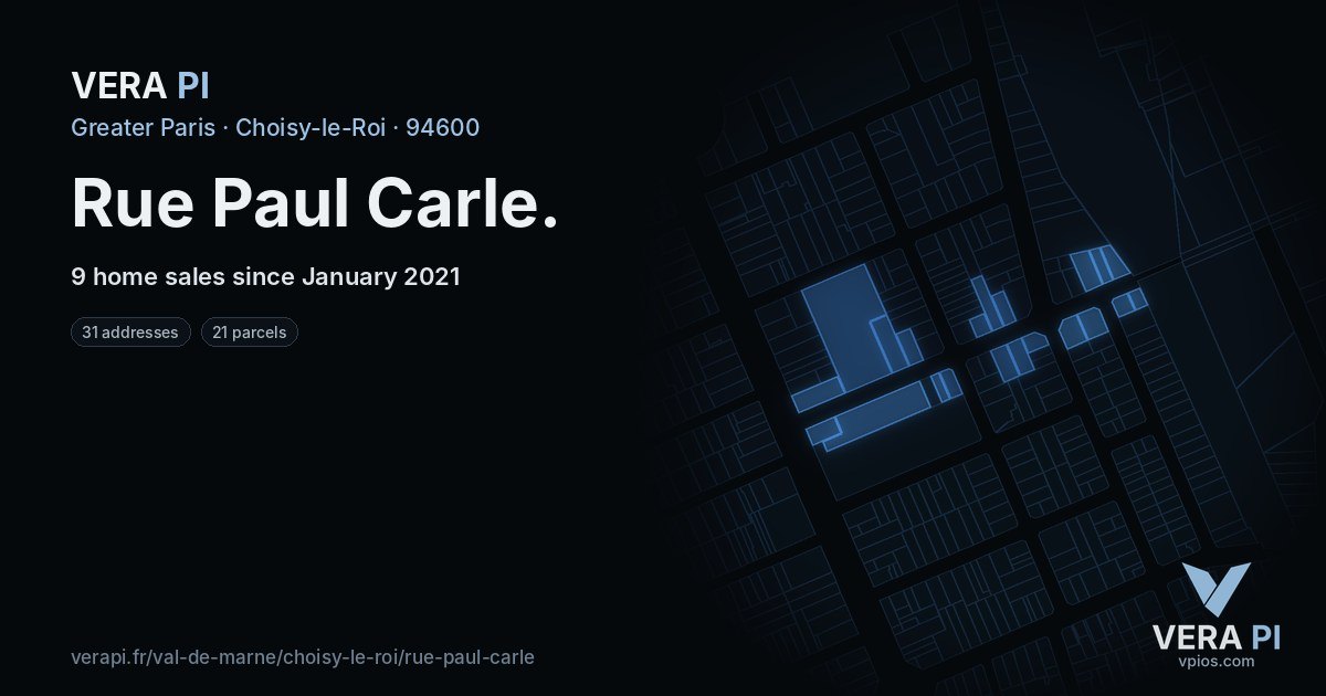 Rue Paul Carle, Choisy-le-Roi at night – every parcel coloured by the prices around it, the street's own parcels lit