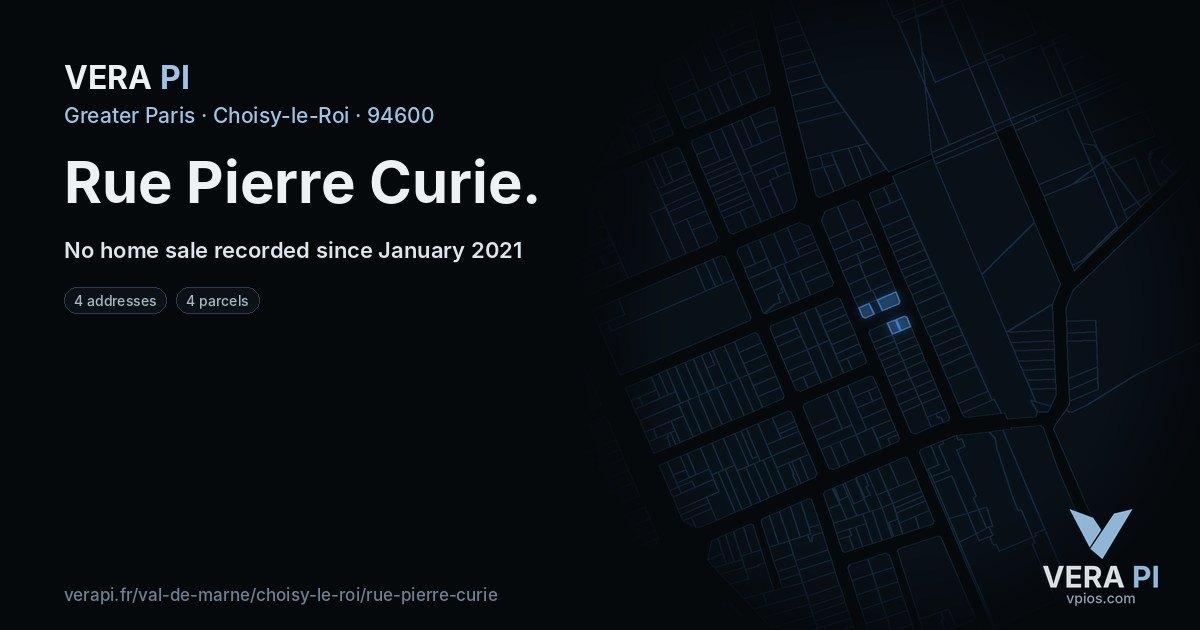 Rue Pierre Curie, Choisy-le-Roi at night – every parcel coloured by the prices around it, the street's own parcels lit