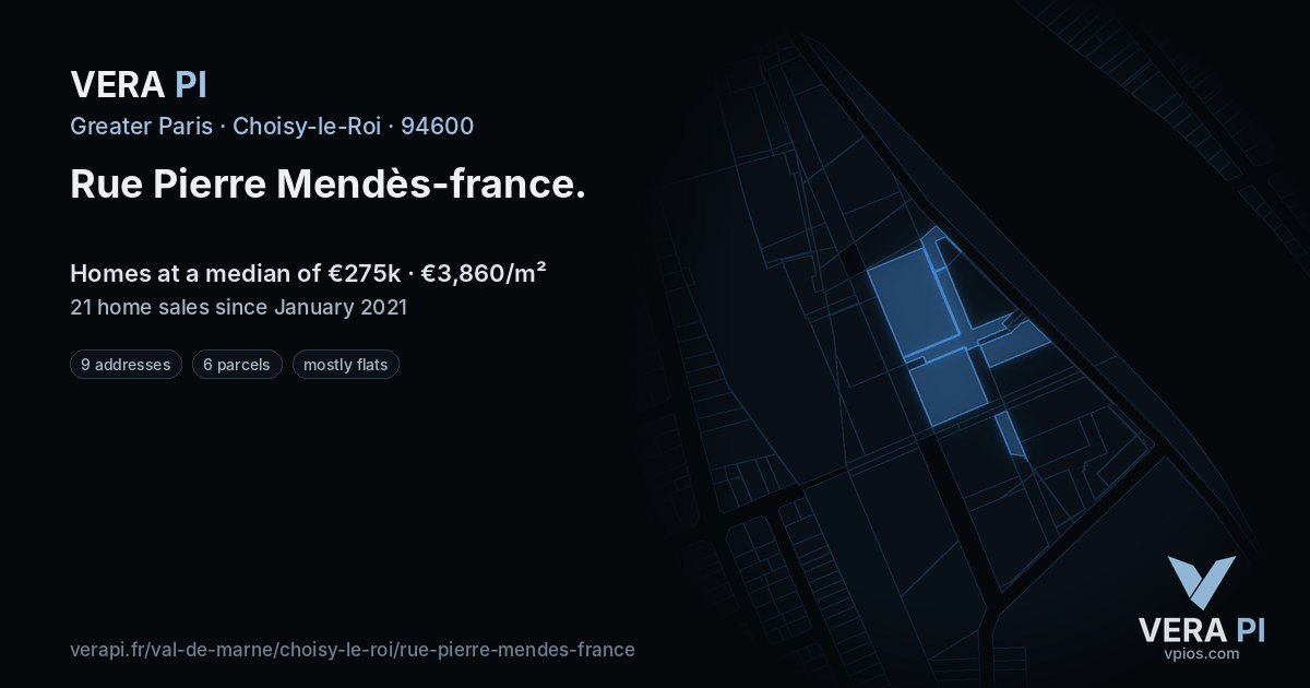 Rue Pierre Mendès-france, Choisy-le-Roi at night – every parcel coloured by the prices around it, the street's own parcels lit