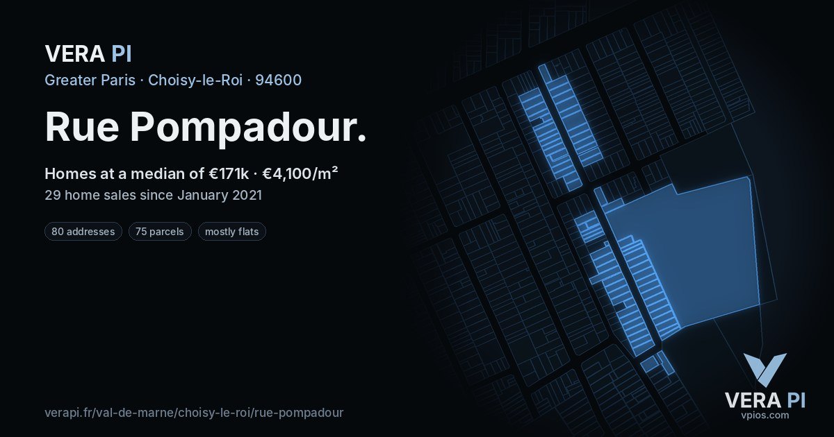Rue Pompadour, Choisy-le-Roi at night – every parcel coloured by the prices around it, the street's own parcels lit