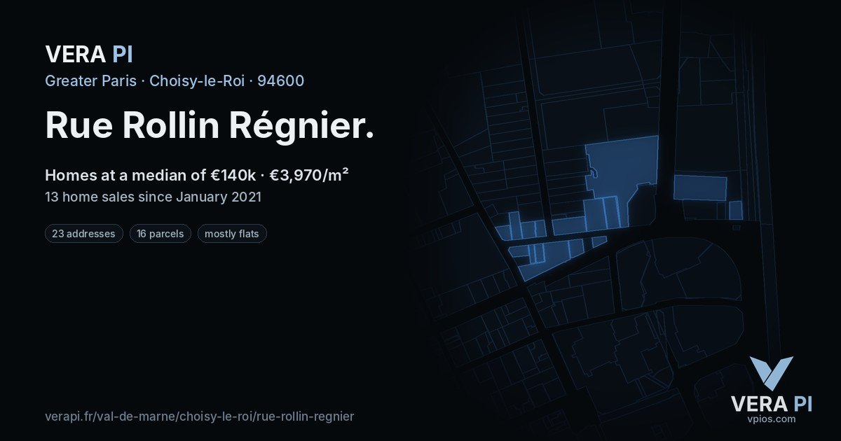 Rue Rollin Régnier, Choisy-le-Roi at night – every parcel coloured by the prices around it, the street's own parcels lit