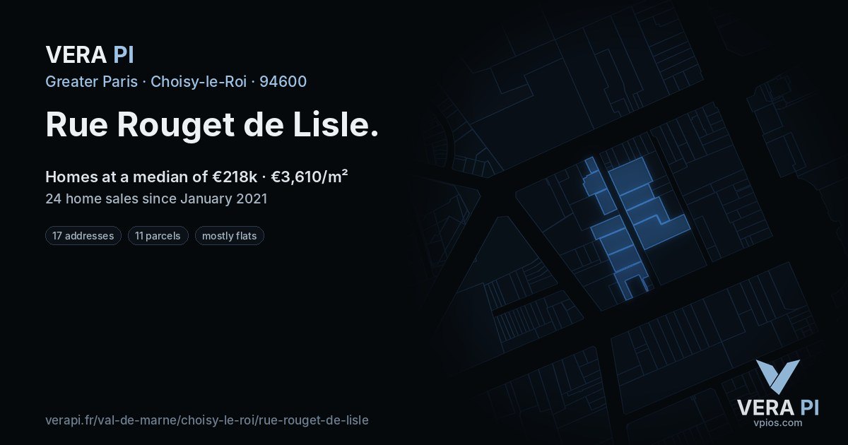 Rue Rouget de Lisle, Choisy-le-Roi at night – every parcel coloured by the prices around it, the street's own parcels lit