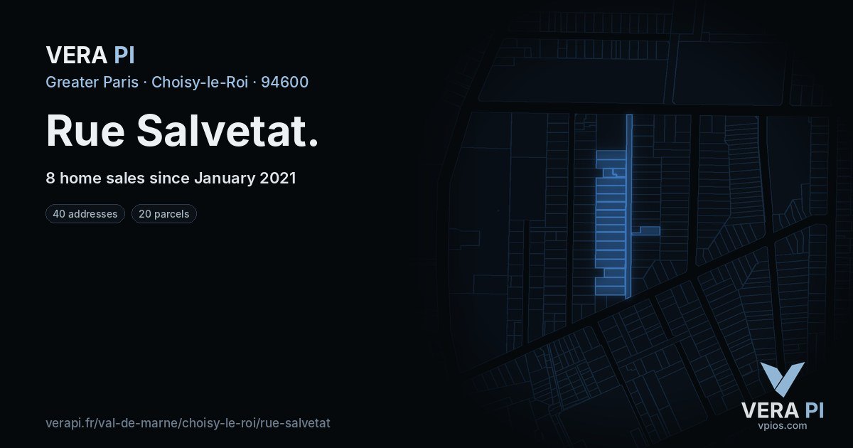 Rue Salvetat, Choisy-le-Roi at night – every parcel coloured by the prices around it, the street's own parcels lit