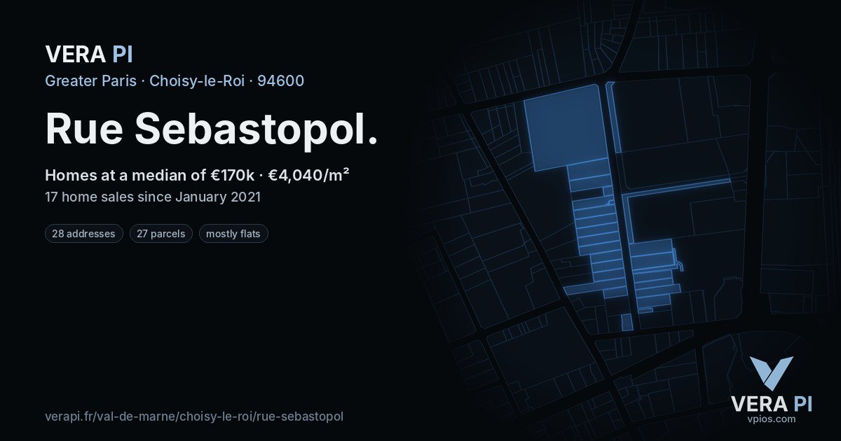Rue Sebastopol, Choisy-le-Roi at night – every parcel coloured by the prices around it, the street's own parcels lit