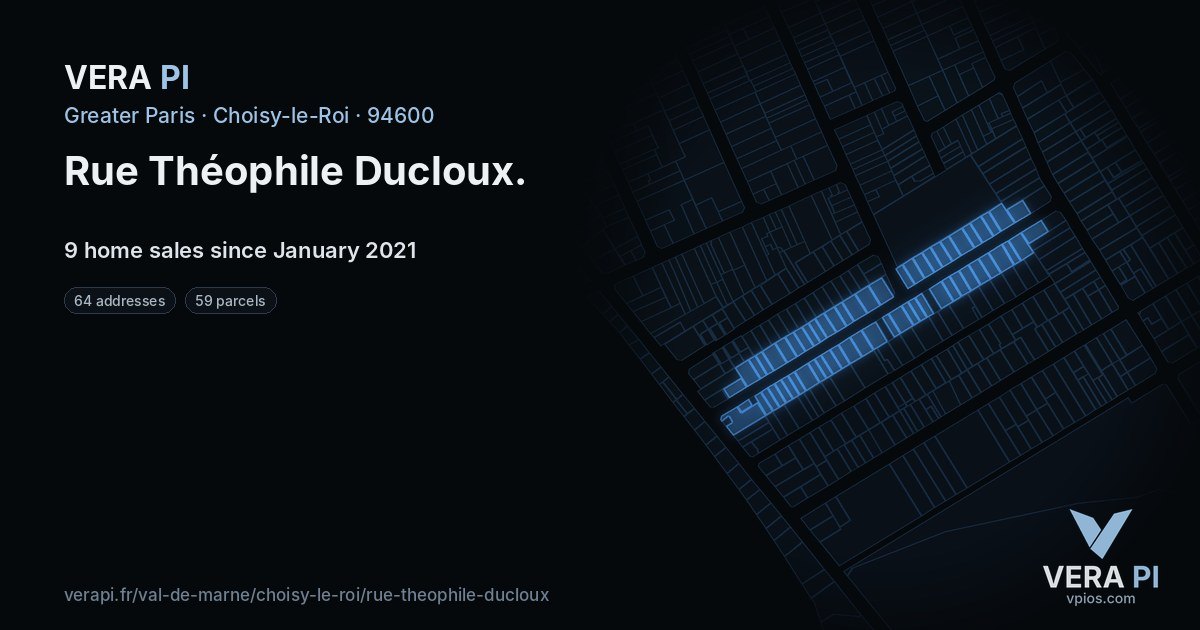 Rue Théophile Ducloux, Choisy-le-Roi at night – every parcel coloured by the prices around it, the street's own parcels lit