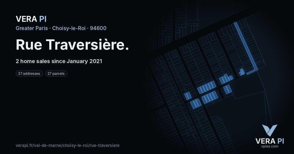 Rue Traversière, Choisy-le-Roi at night – every parcel coloured by the prices around it, the street's own parcels lit
