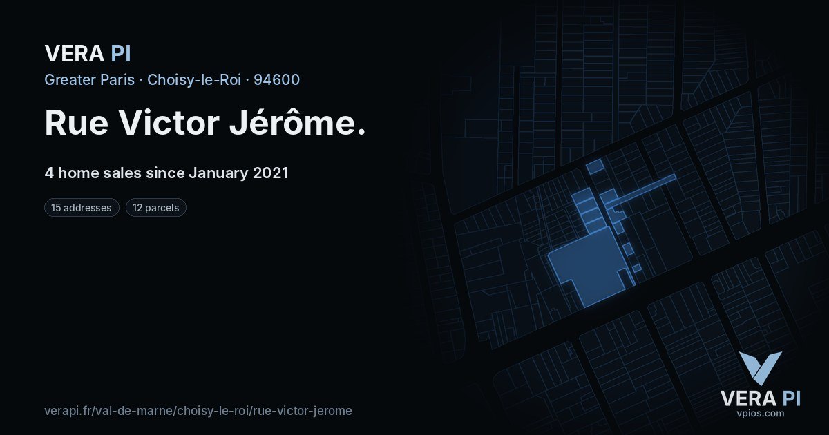 Rue Victor Jérôme, Choisy-le-Roi at night – every parcel coloured by the prices around it, the street's own parcels lit