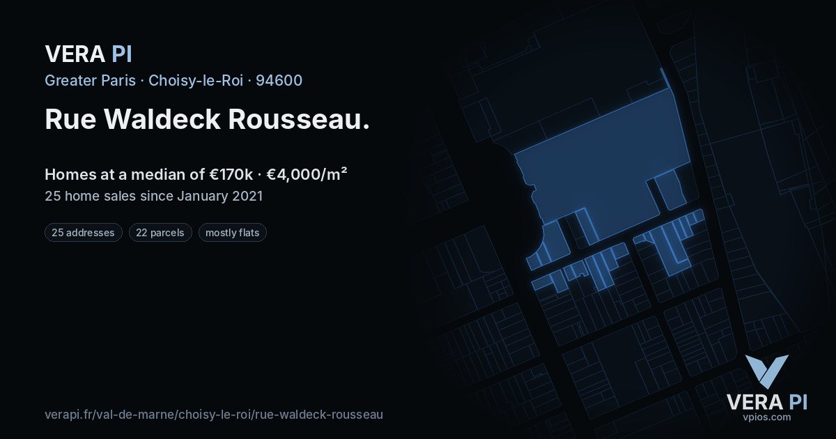 Rue Waldeck Rousseau, Choisy-le-Roi at night – every parcel coloured by the prices around it, the street's own parcels lit