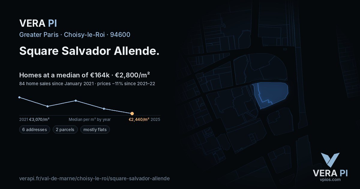 Square Salvador Allende, Choisy-le-Roi at night – every parcel coloured by the prices around it, the street's own parcels lit
