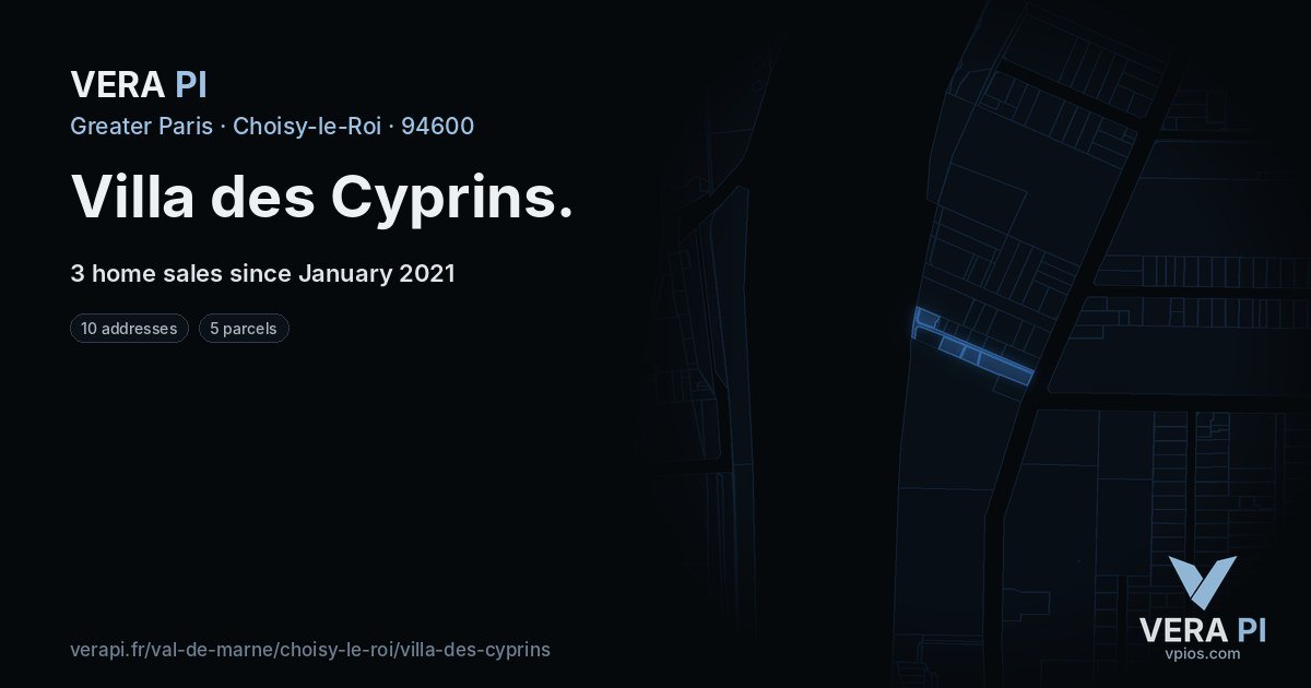 Villa des Cyprins, Choisy-le-Roi at night – every parcel coloured by the prices around it, the street's own parcels lit