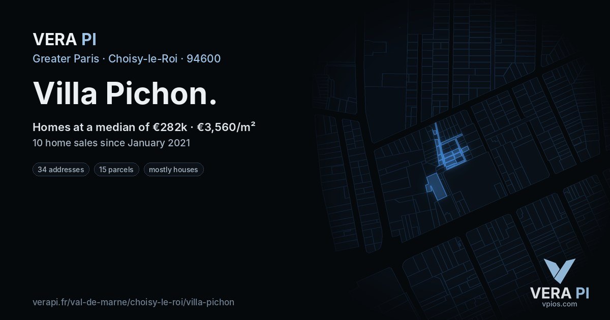 Villa Pichon, Choisy-le-Roi at night – every parcel coloured by the prices around it, the street's own parcels lit