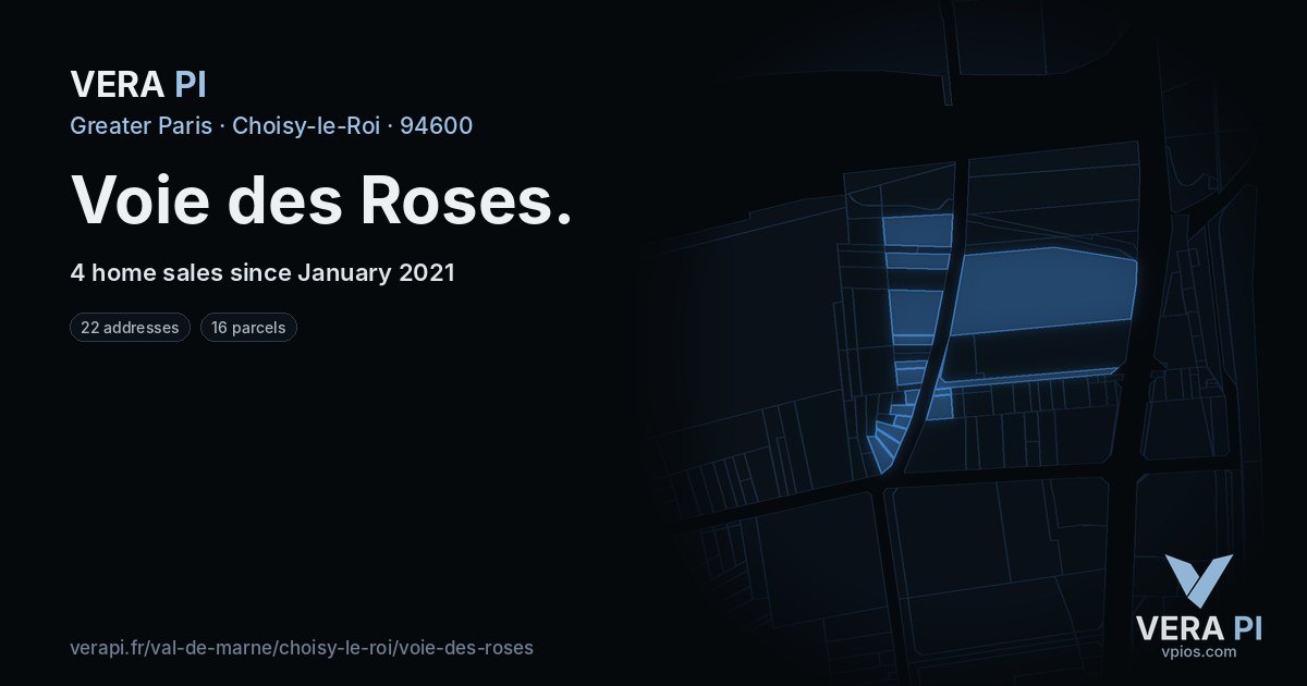Voie des Roses, Choisy-le-Roi at night – every parcel coloured by the prices around it, the street's own parcels lit