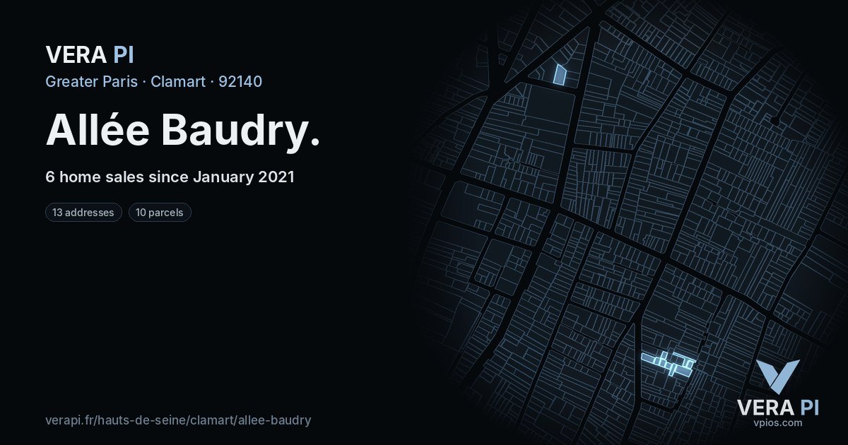 Allée Baudry, Clamart at night – every parcel coloured by the prices around it, the street's own parcels lit