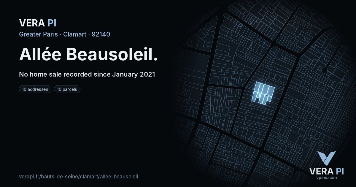 Allée Beausoleil, Clamart at night – every parcel coloured by the prices around it, the street's own parcels lit