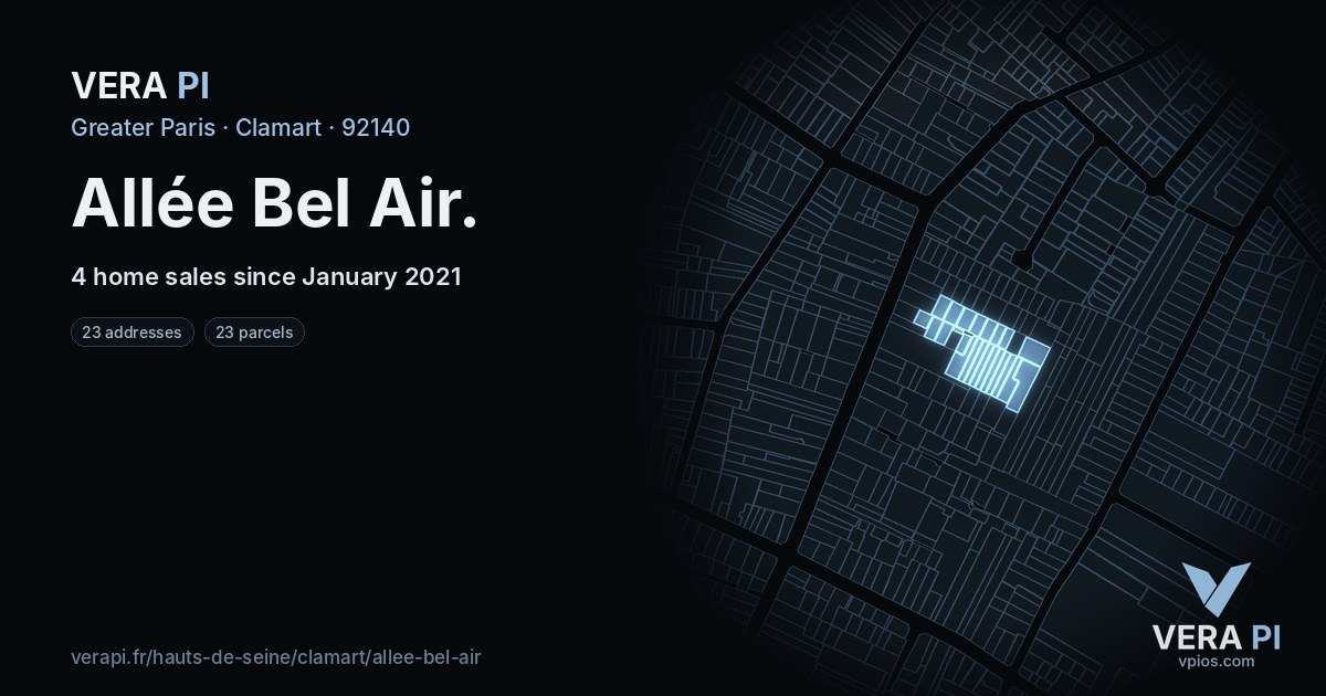 Allée Bel Air, Clamart at night – every parcel coloured by the prices around it, the street's own parcels lit