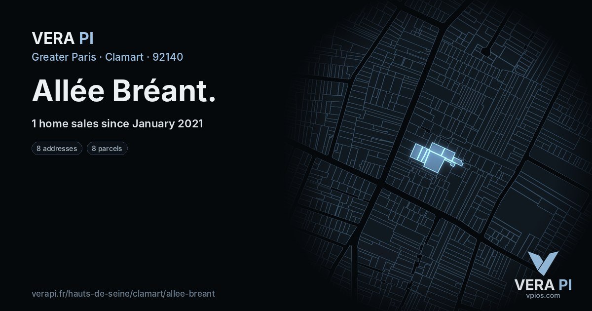 Allée Bréant, Clamart at night – every parcel coloured by the prices around it, the street's own parcels lit
