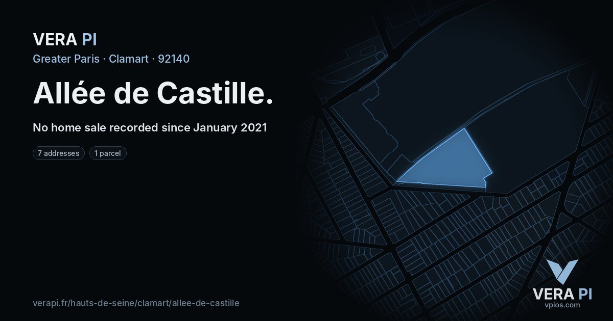 Allée de Castille, Clamart at night – every parcel coloured by the prices around it, the street's own parcels lit