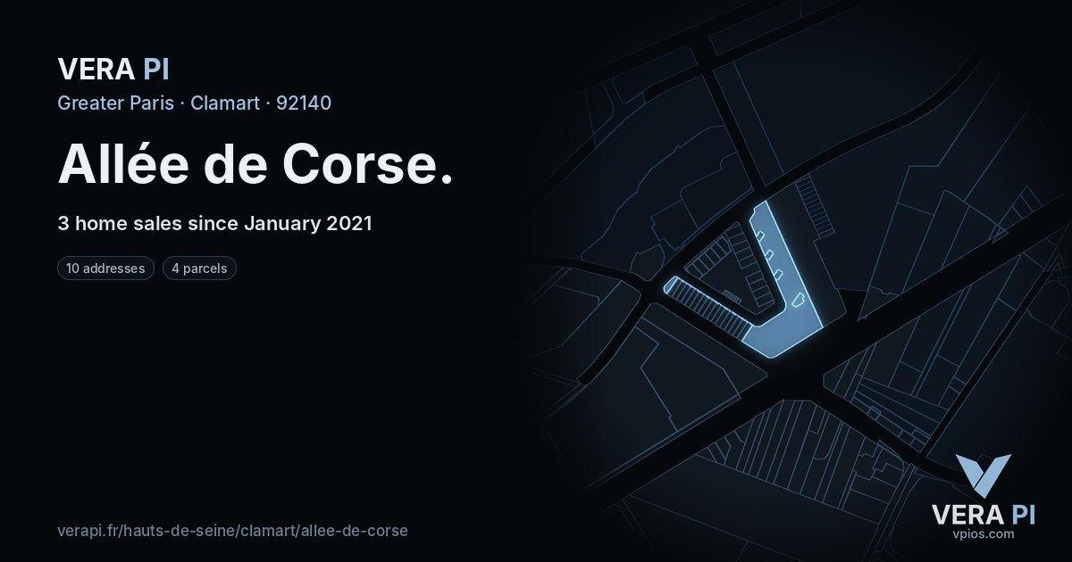 Allée de Corse, Clamart at night – every parcel coloured by the prices around it, the street's own parcels lit
