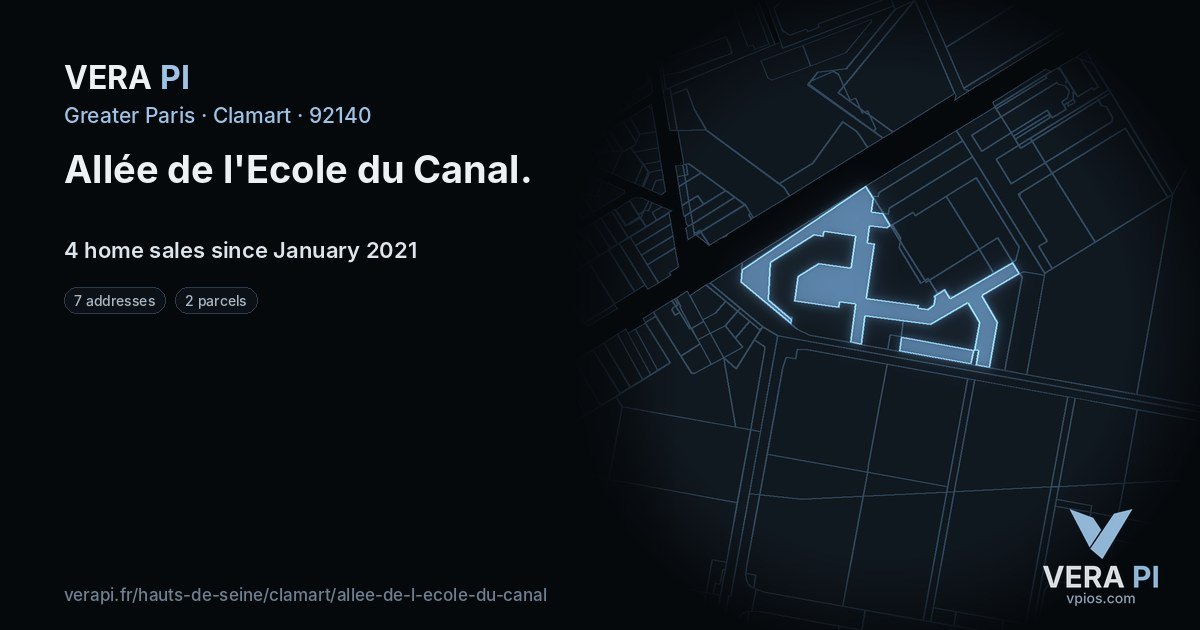 Allée de l'Ecole du Canal, Clamart at night – every parcel coloured by the prices around it, the street's own parcels lit