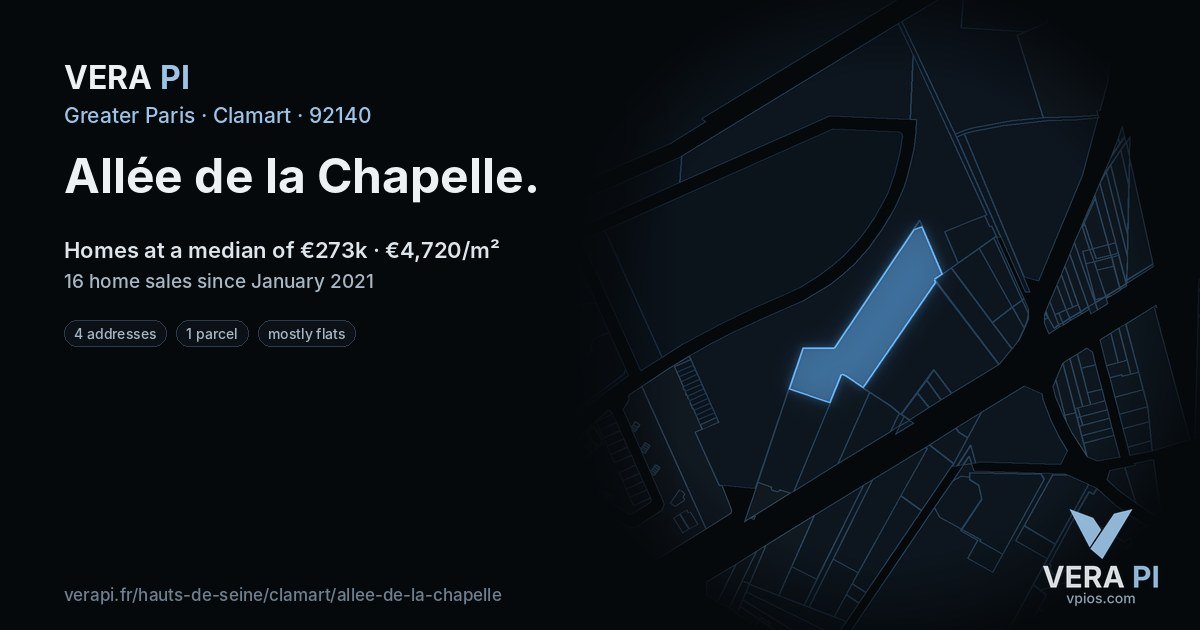 Allée de la Chapelle, Clamart at night – every parcel coloured by the prices around it, the street's own parcels lit