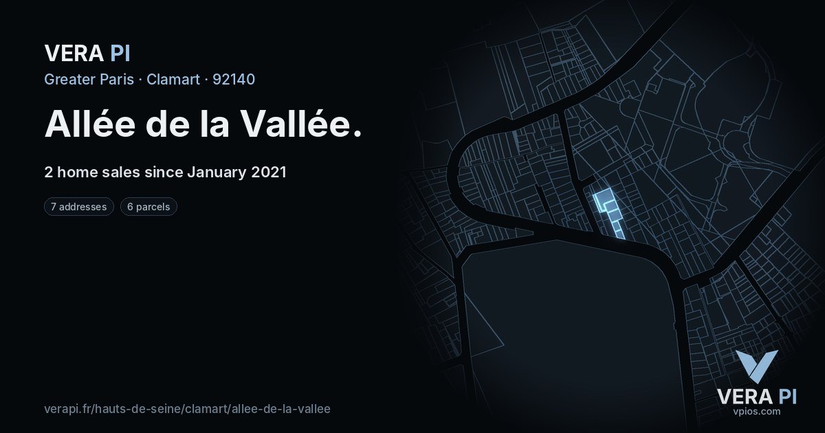 Allée de la Vallée, Clamart at night – every parcel coloured by the prices around it, the street's own parcels lit
