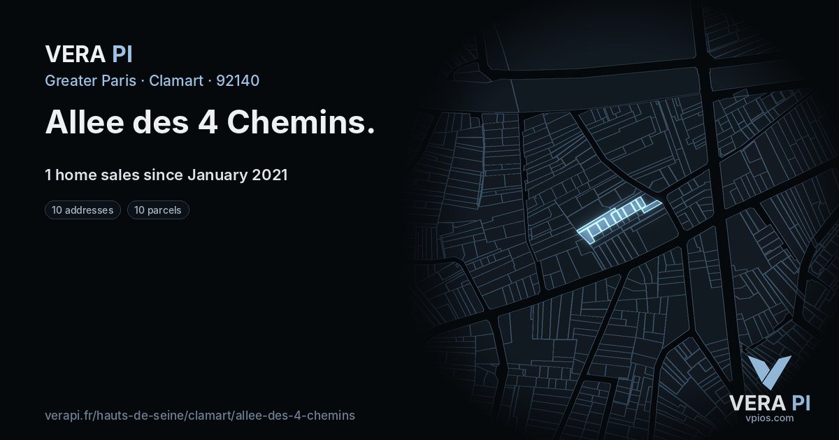 Allee des 4 Chemins, Clamart at night – every parcel coloured by the prices around it, the street's own parcels lit