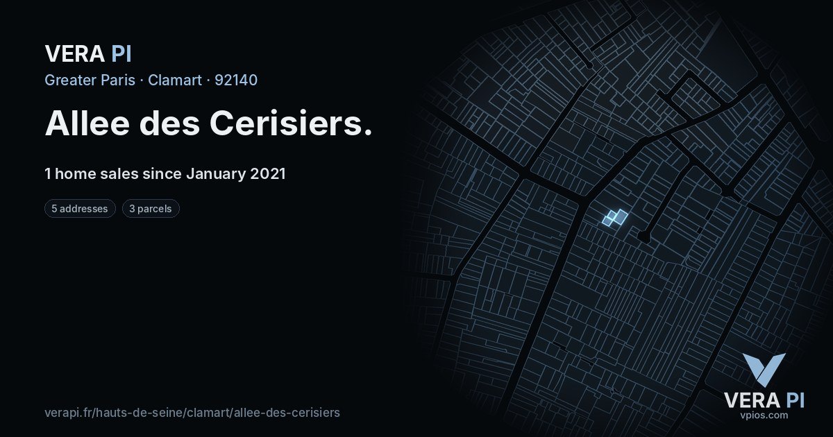 Allee des Cerisiers, Clamart at night – every parcel coloured by the prices around it, the street's own parcels lit