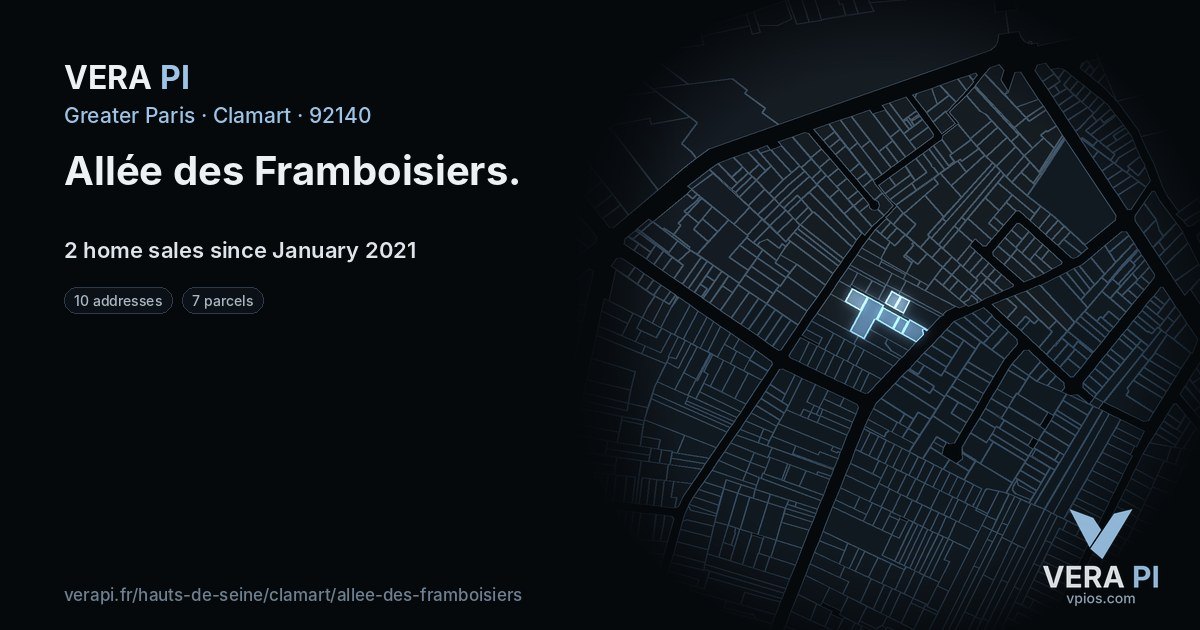 Allée des Framboisiers, Clamart at night – every parcel coloured by the prices around it, the street's own parcels lit