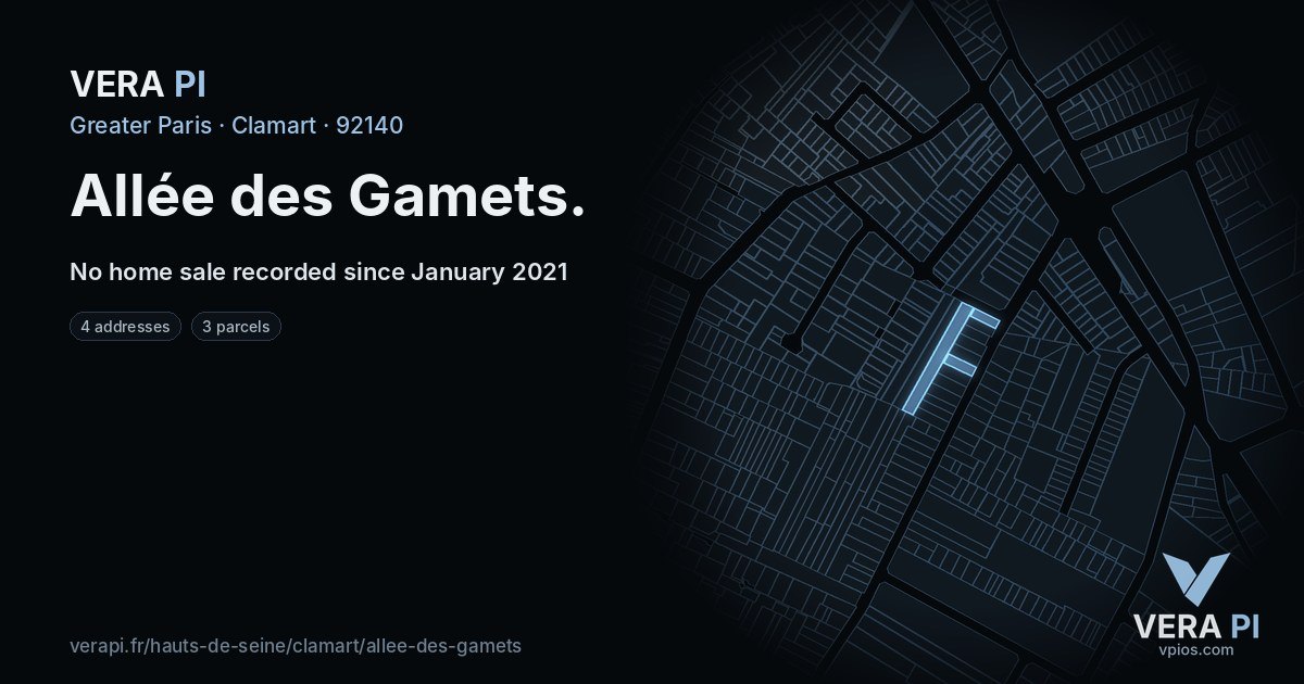 Allée des Gamets, Clamart at night – every parcel coloured by the prices around it, the street's own parcels lit