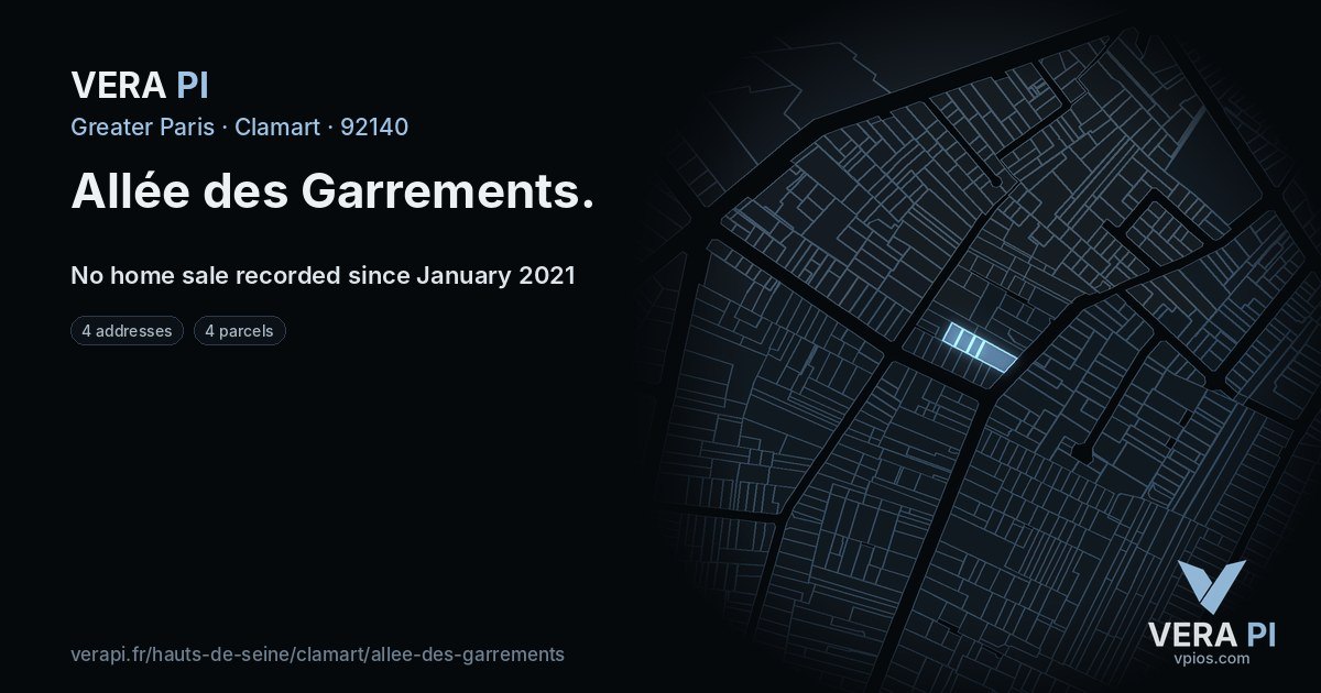 Allée des Garrements, Clamart at night – every parcel coloured by the prices around it, the street's own parcels lit