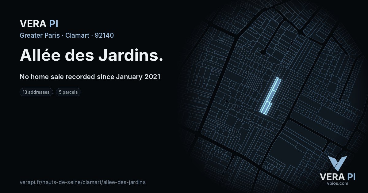 Allée des Jardins, Clamart at night – every parcel coloured by the prices around it, the street's own parcels lit