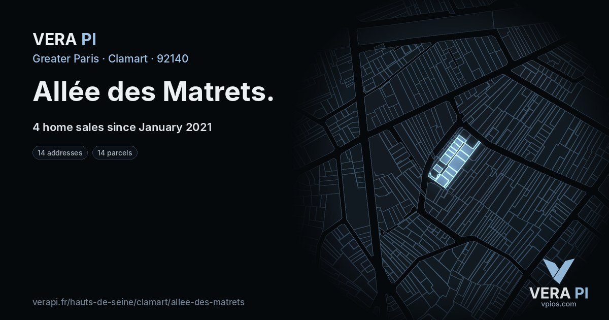 Allée des Matrets, Clamart at night – every parcel coloured by the prices around it, the street's own parcels lit