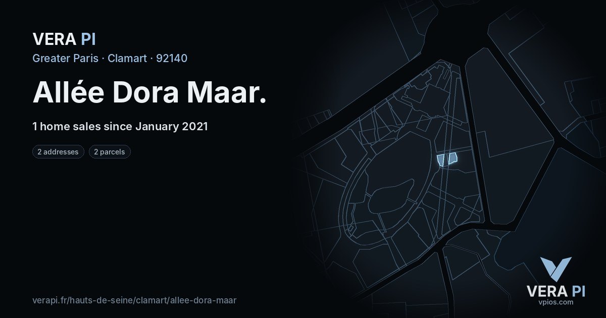 Allée Dora Maar, Clamart at night – every parcel coloured by the prices around it, the street's own parcels lit